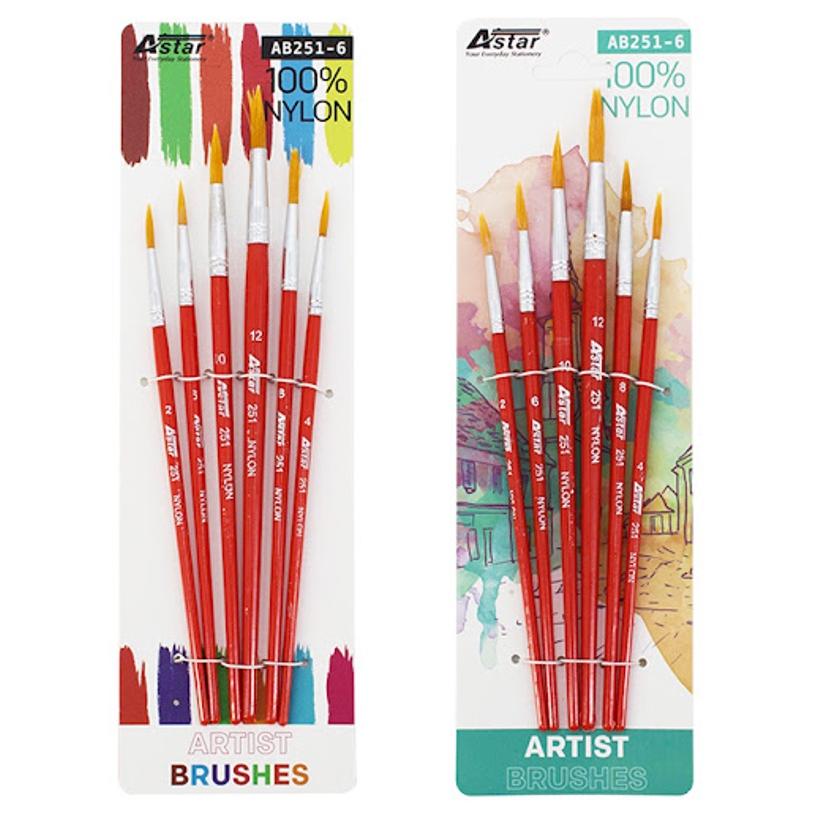 Astar Artist Nylon Brush Set of 6 in 1 (Flat / Round) Watercolour brush / Berus Seni Lukisan