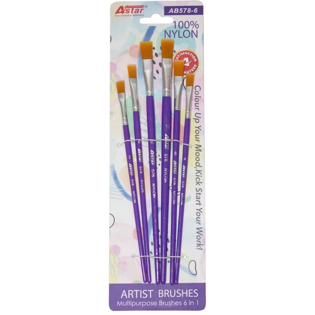 Astar Artist Nylon Brush Set of 6 in 1 (Flat / Round) Watercolour brush / Berus Seni Lukisan
