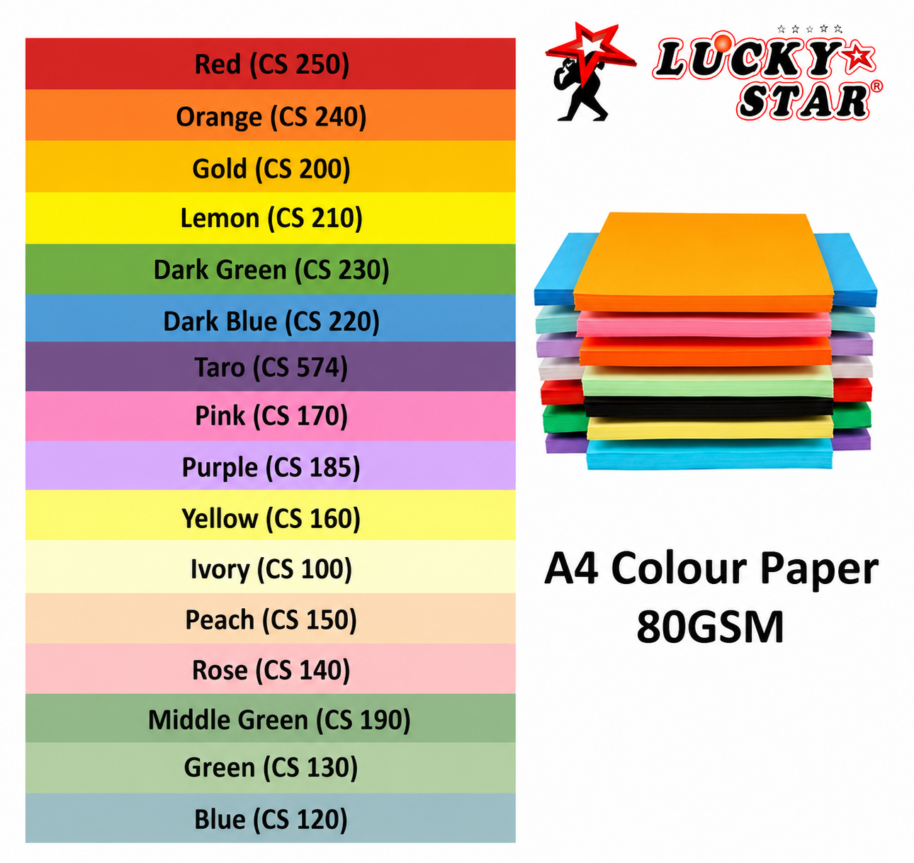 Lucky Star A4 Colour Paper 80GSM (25 Sheets / Pkt) [Dark & Light & Cyber & Special Colour]