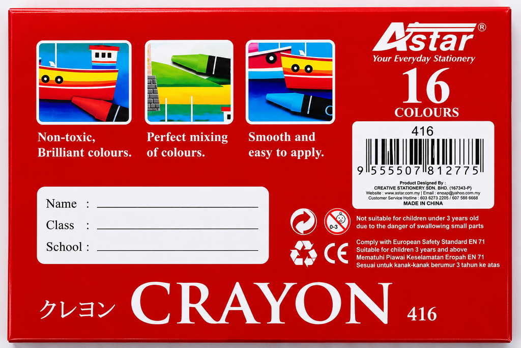 Astar Non-Toxic Crayon 16 Colours (416)