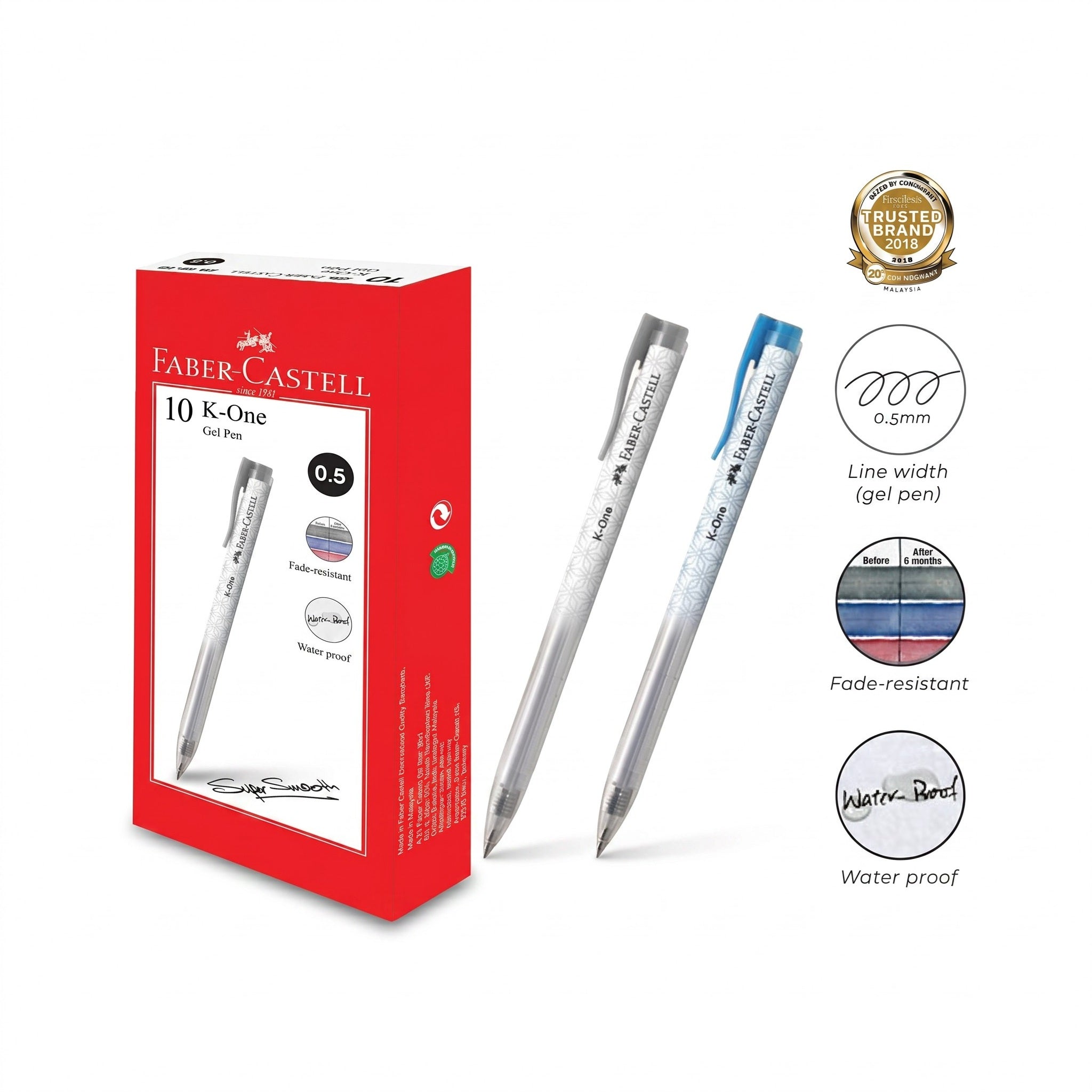 Faber Castell K-One Gel Pen Retractable / Pen Dakwat Basah Stationary Tulis 0.5mm (Black/ Blue)