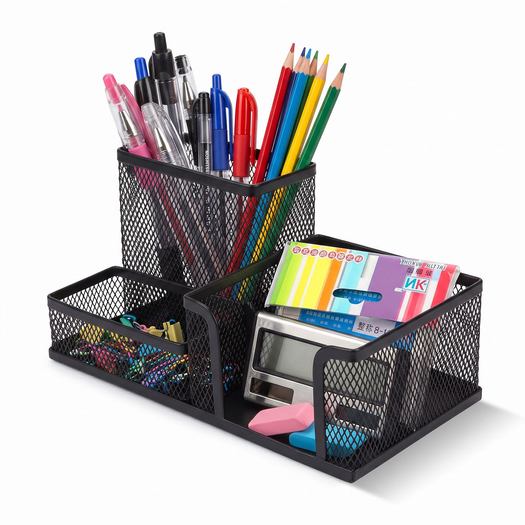 Students Office Desk Mesh Style 3 Compartments Metal Pen Holder (9058)