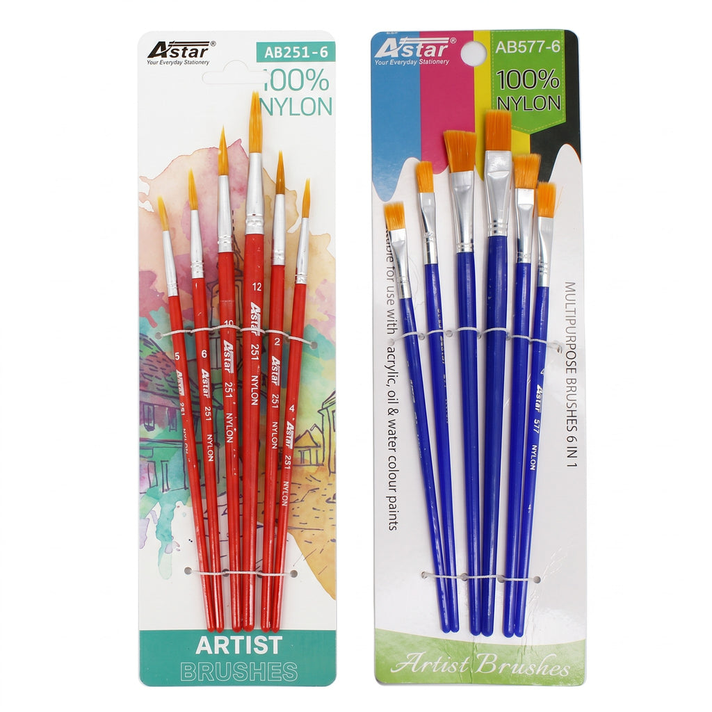 Astar Artist Nylon Brush Set of 6 in 1 (Flat / Round) Watercolour brush / Berus Seni Lukisan